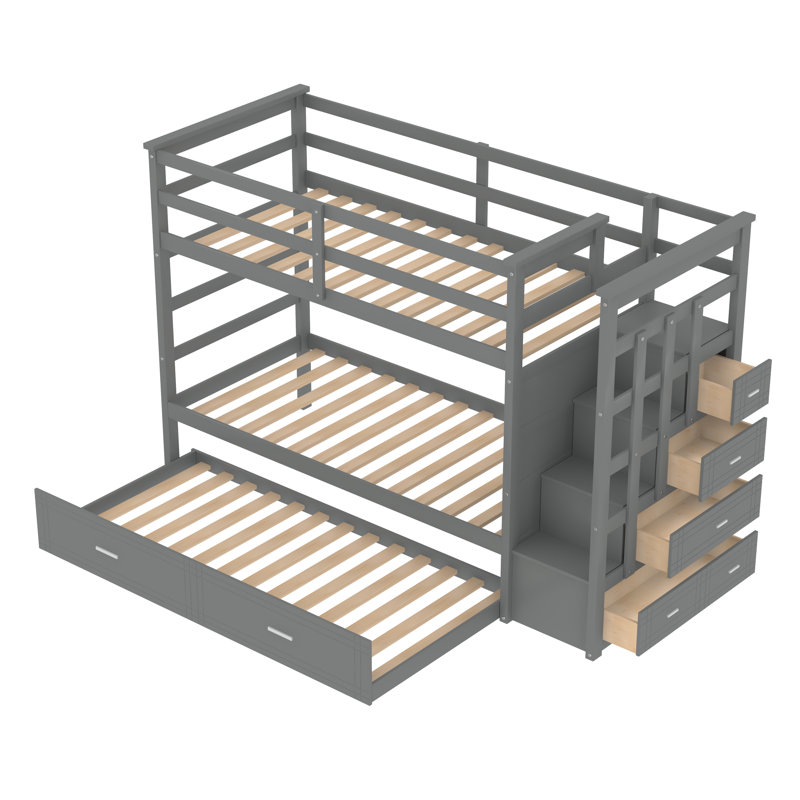 Felipita Kids Twin Over Twin Bunk Bed with Trundle with Drawers, Gray