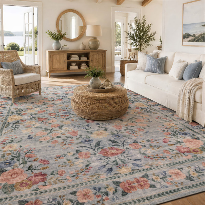 Tapis bleu marine antidérapant Floral Garden, 7 pi 10 po x 10 pi