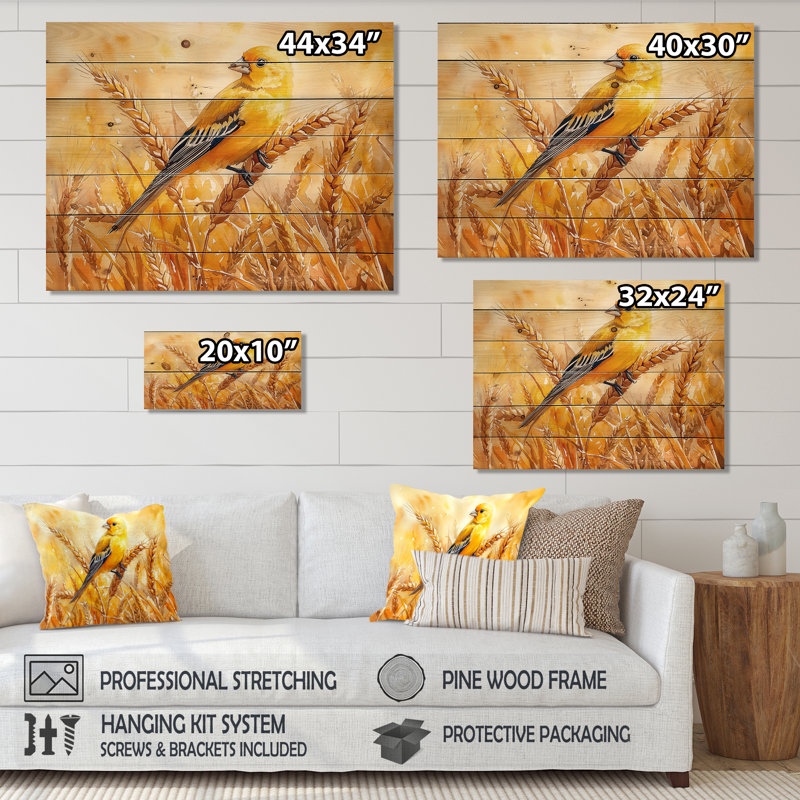 Chardonneret dans le champ de blé II - Décoration murale en bois d'oiseau - sur bois de pin naturel