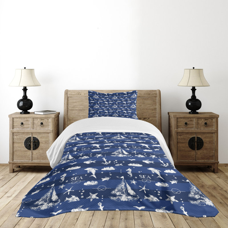 Navy Blue Quilted Twin Bedspread Set with Nautical Design