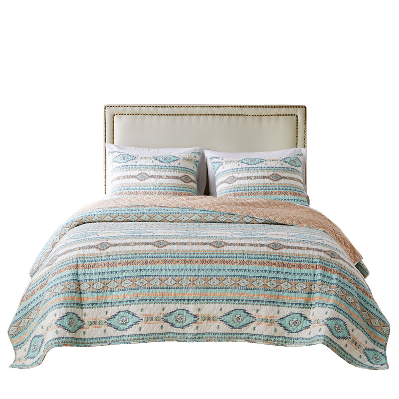 King Size Blue Southwestern Reversible Microfiber Quilt Set