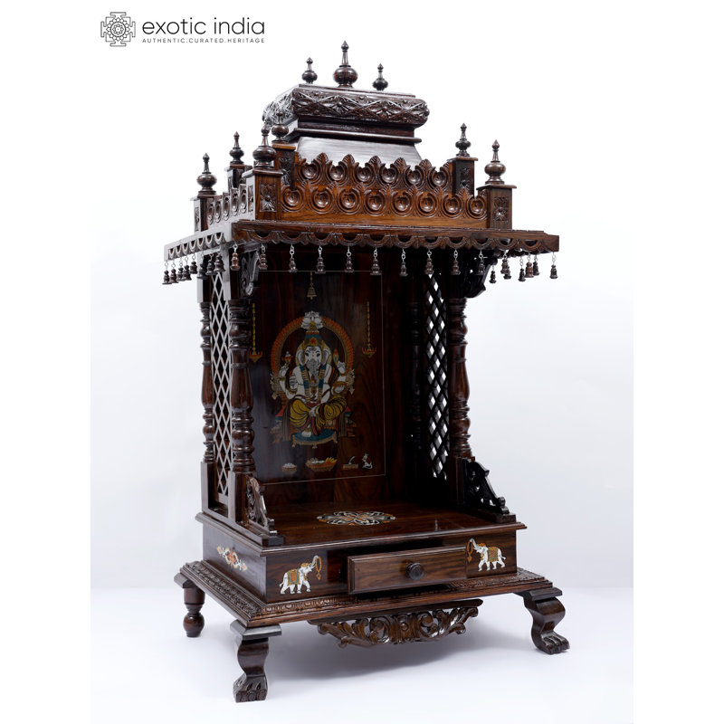 53" Large Designer Wooden Temple with Lord Ganesha Inlay