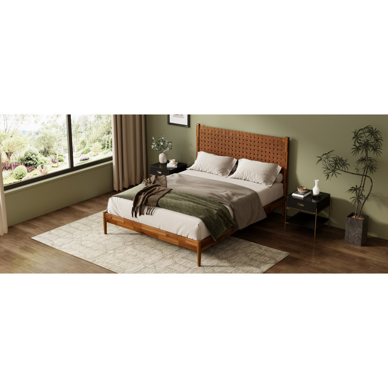 Lit plateforme en bois d'acacia massif avec tête de lit en cuir végétalien tissé à la main, cadre de lit de style Mid-Century moderne, aucun sommier nécessaire, couleur caramel