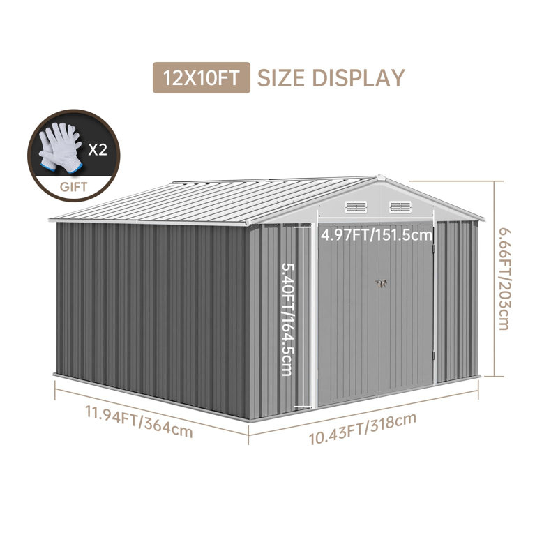 Remise de rangement horizontale en acier galvanisé, H 79,92 po x l 143,28 po x P 125,16 po, Gris