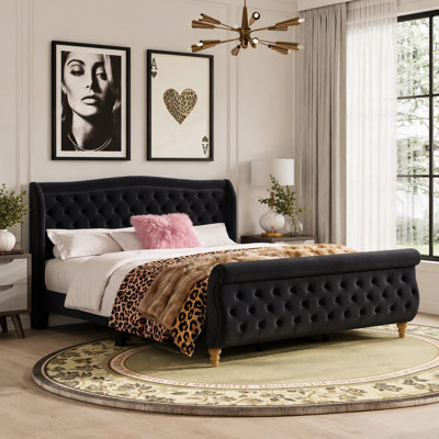 Velvet Upholstered Bed Frame, Button Tufted Sleigh Platform Bed Frame With Curved Headboard & Footboard, Wood Slat Support, No Box Spring Needed