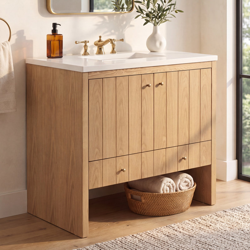 Hudson 36'' Single Bathroom Vanity with Top, Victorian Silver, 8" Widespread, Light Natural Oak