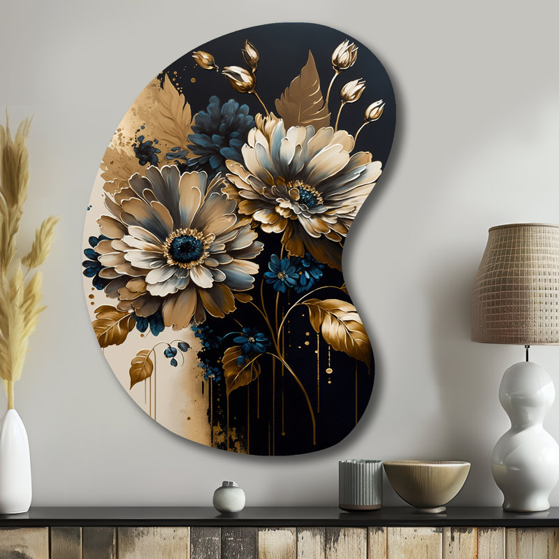 «Blue and Gold Daisy Bunch II - Daisy», art mural asymétrique en métal, impression traditionnelle en métal Freeform