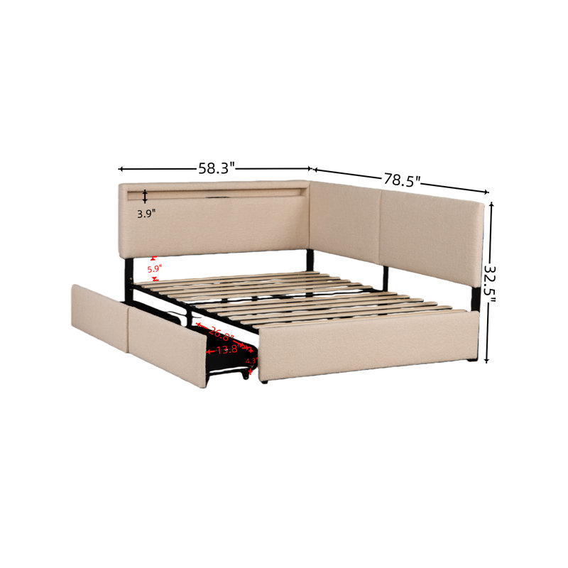 Structure de lit double avec DEL, charge, 2 tiroirs de rangement, accoudoirs rembourrés de mousse et tête de lit tapissier beige rembourrée, tissu doux de soutien en bois massif