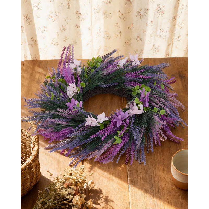 Couronne de lavande mauve artificielle 20 pouces, couronne de fleurs sauvages pour porte d'entrée, décor printanier