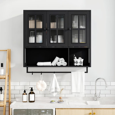 Bathroom Wall Cabinet, 3-Door Wooden Wall Cabinet With Open Shelf And Glass Door