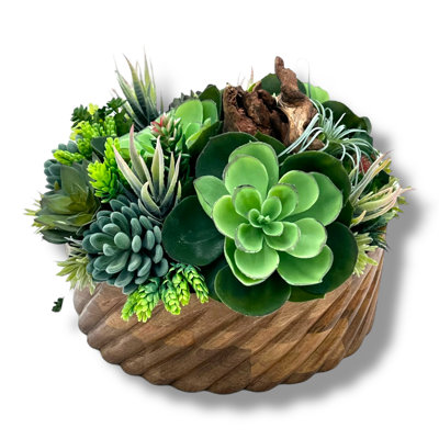 Conception succulente dans un vase circulaire en bois texturé brun clair