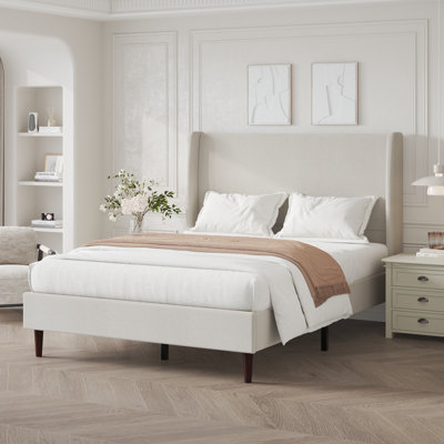 High Headboard Upholstered Bed, Queen Size Bed Frame, 12-Slat Support, Easy to Assemble, Beige, Chenille Cloth, No Box Spring Needed