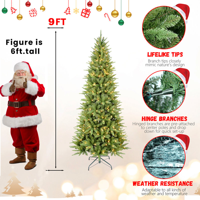 Arbre de Noël mince de 6 pi avec 300 lumières DEL chaudes - 850 pointes en PE + PVC, conception à charnières peu encombrante, installation facile, support en métal robuste - arbre à crayons réaliste pour les petits espaces