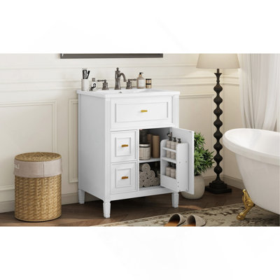 24" Bathroom Vanity with Sink, Bathroom Vanity Cabinet with One Flip Drawer and Two Drawers, Adjustable Shelf, Solid Wood and MDF, White