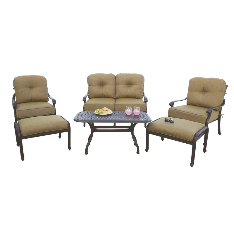 Nanafalia 6-Piece Patio Loveseat Conversation Set with Cushions and 21 x 42" Rectangular Coffee Table