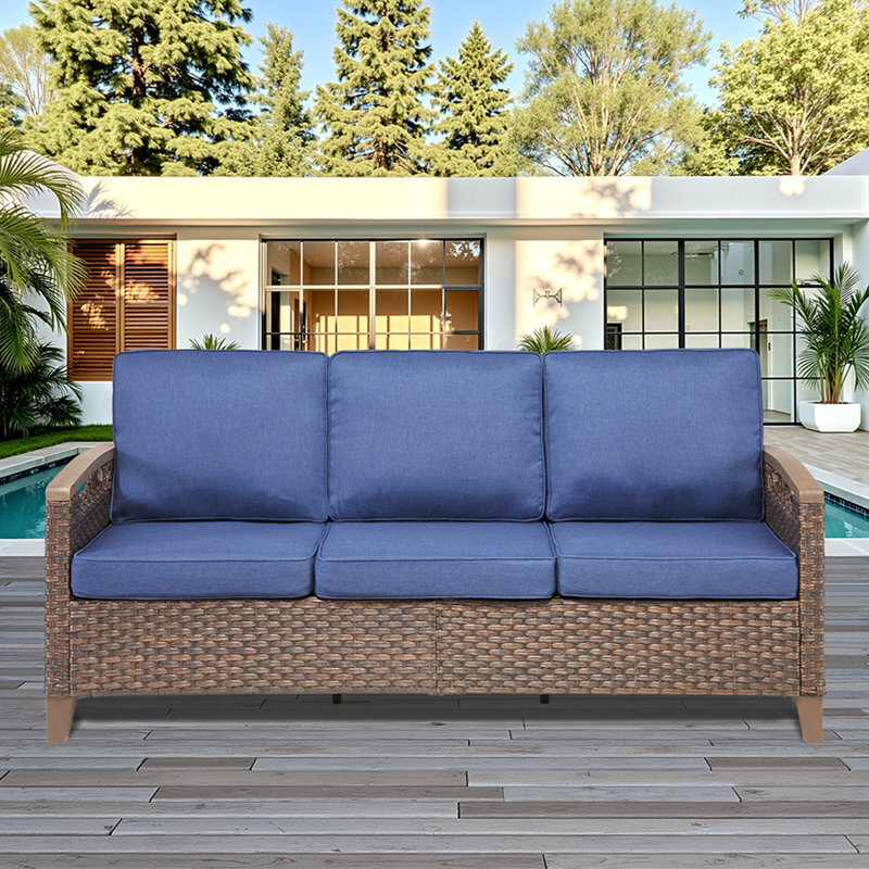 Canapé d'extérieur en osier de 73,6 po de largeur, canapé à assise profonde avec coussins pour la véranda, bleu