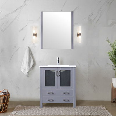 30 In. W Dark Grey Bath Vanity Unit, White Ceramic Top Layer, 28 Square Wall Mirror, Soft - Close Functionality, One Cabinet And Two Drawer Storage Wide Vanity, 18.25 D, Counter, Drawers &