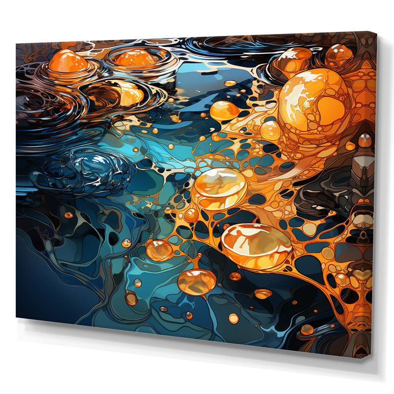 «Orange Orange and Blue River Serene Journey III», art mural abstrait à l'encre liquide, Toile tendue