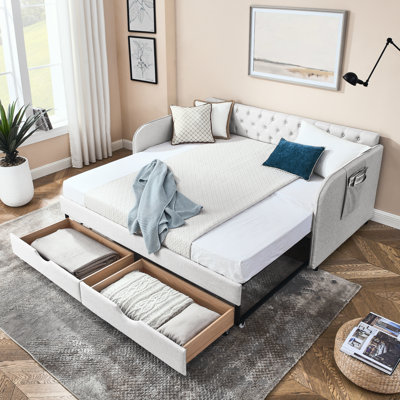 Lit de jour simple à très grand avec lit gigogne et compartiments de rangement, polyvalent pour la chambre d'amis, lit supplémentaire en lin beige, maison élégante