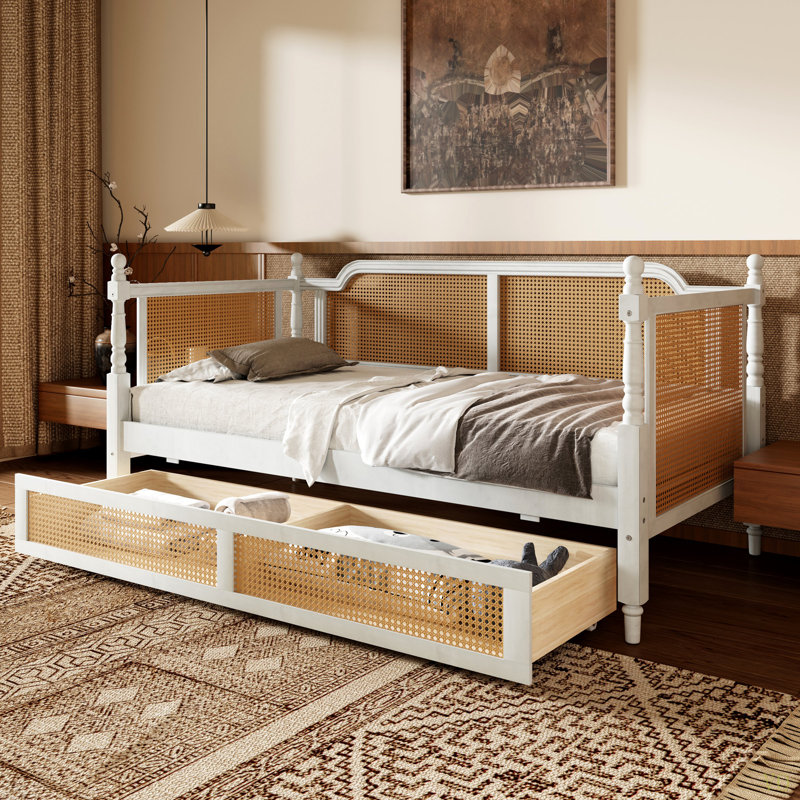 Traditional Style Rattan Twin Size Daybed With 2 Drawers For Limited Space, Guest Room, No Box Spring Needed