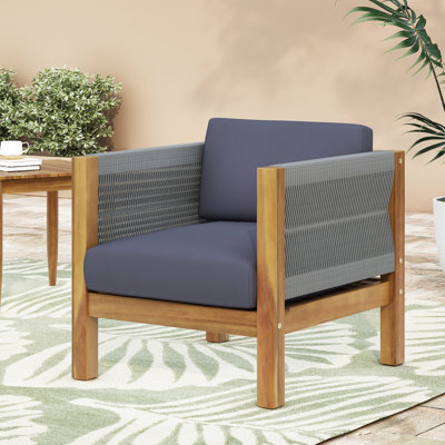 Siège de détente en bois, tissage en corde, revêtement de l'eau, 26,7 po Fauteuil club de profondeur profond, coussin de coussin, hauteur 24,67 po
