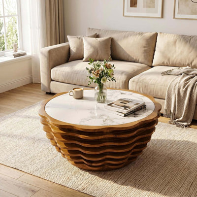 Table basse moderne en forme de fleur avec plateau en pierre naturelle - entièrement assemblée
