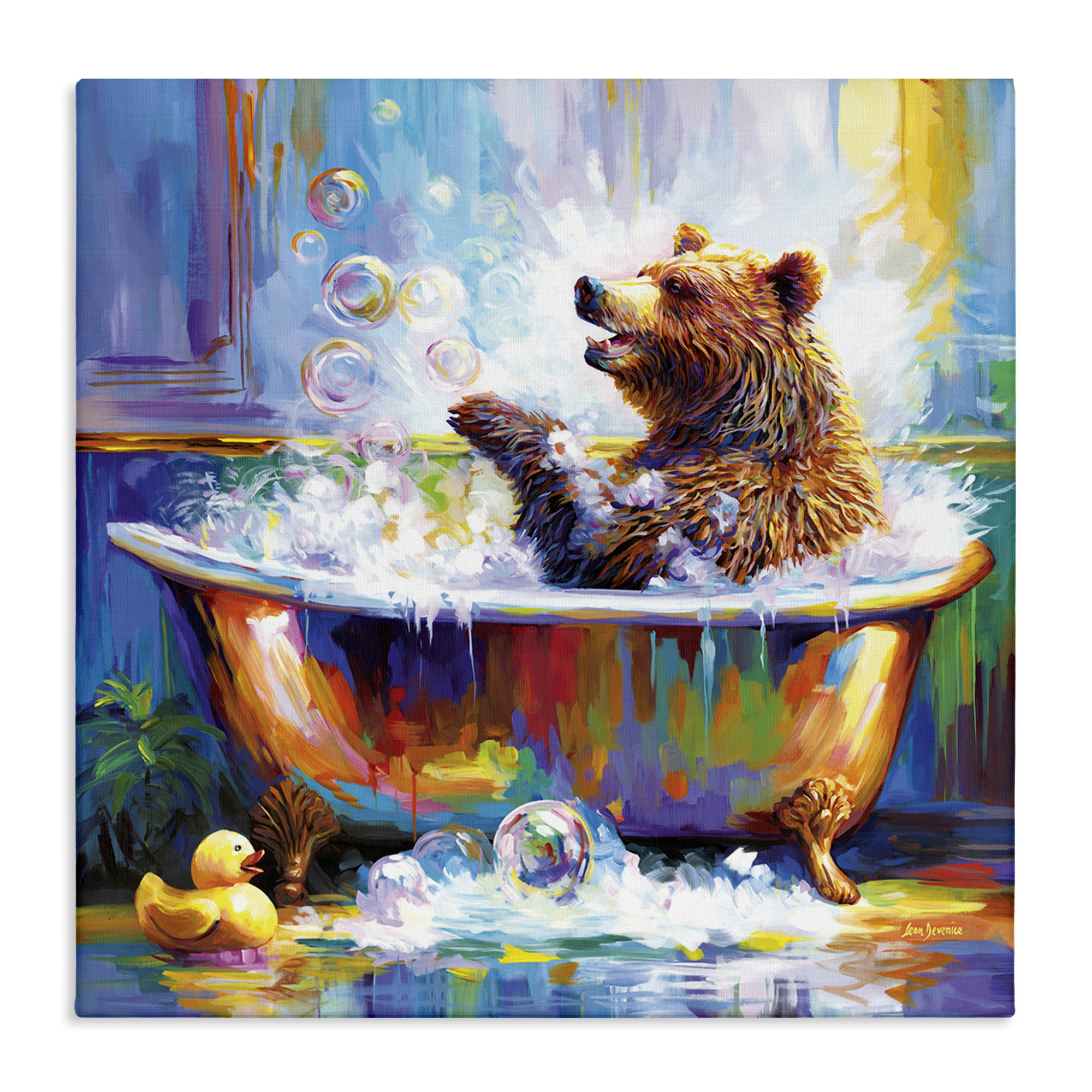 Trinx Happy Bear in Bathtub Canvas Wall Art by Leon Devenice | Wayfair