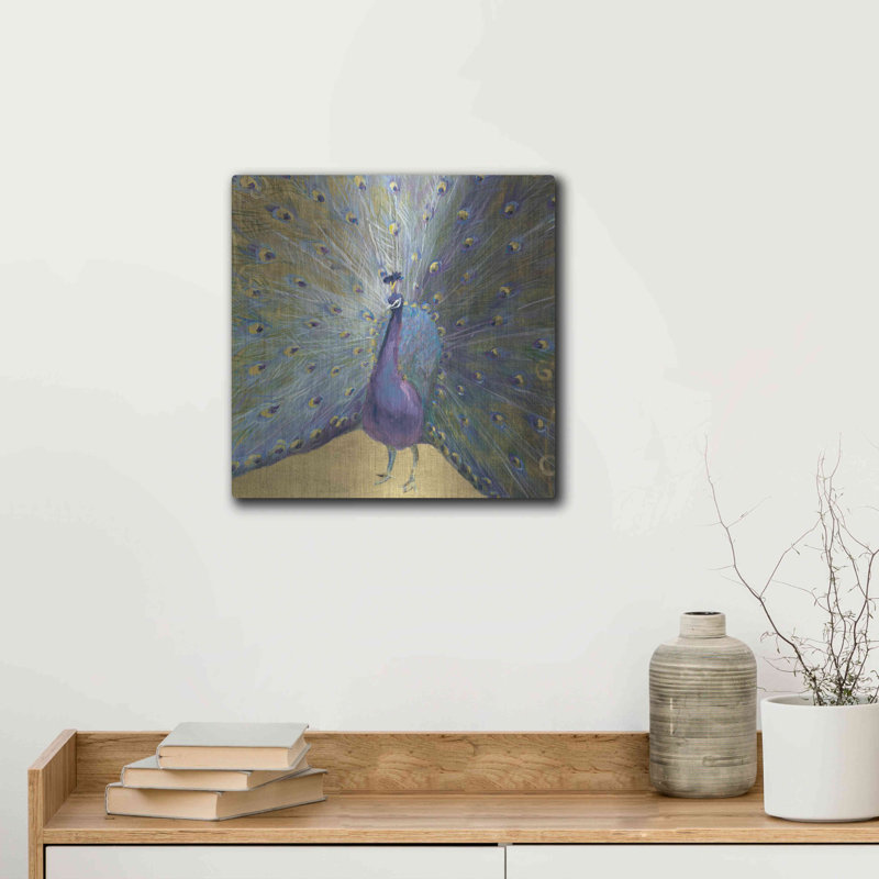 «Purple and Gold Peacock» par Danhui Nai, art mural en métal, 12 po x 12 po