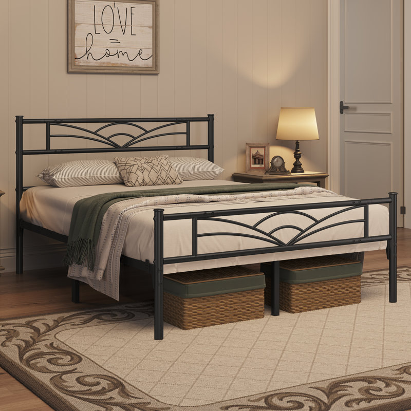 88.5cm Height Metal Bed Frame with Cloud-inspired Design Headboard, Black, Kingsize (5')