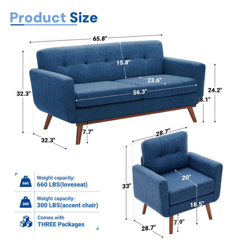  Ensemble de canapé-lit 65 po avec 2 fauteuils d'appoint rembourrés et capitonnés, Bleu