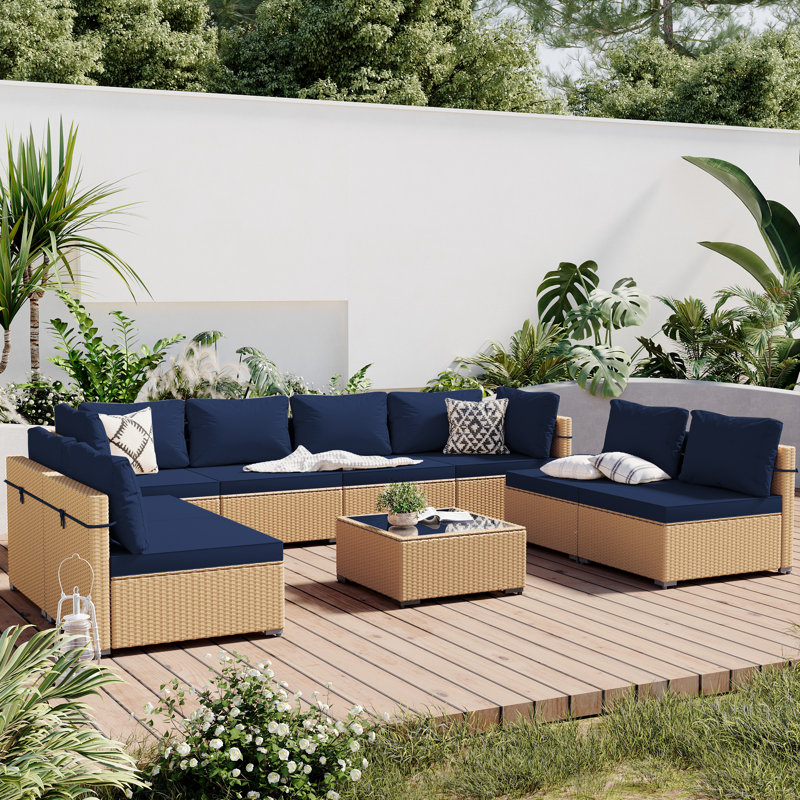 Briara 8 - Person Modular Patio Conversation Sets with Cushions, Navy Blue