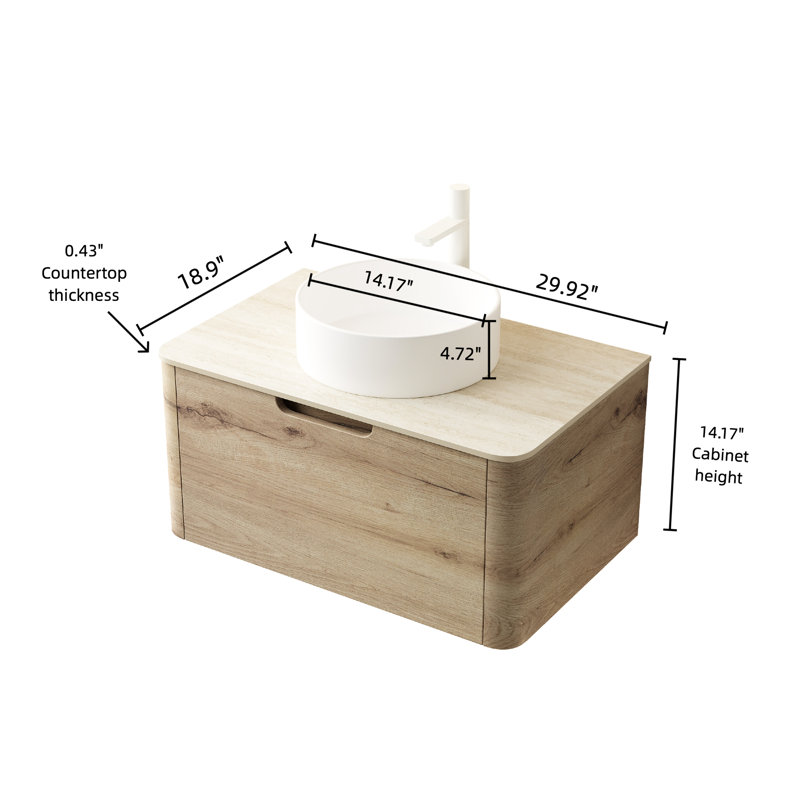 Meuble-lavabo mural de 30 po avec lavabo vasque rond en céramique teinté blanc, plateau en pierre frittée romaine, tiroir d'armoire en contreplaqué et fonction facile à installer, comptoir pré-assemblé à finition chêne,