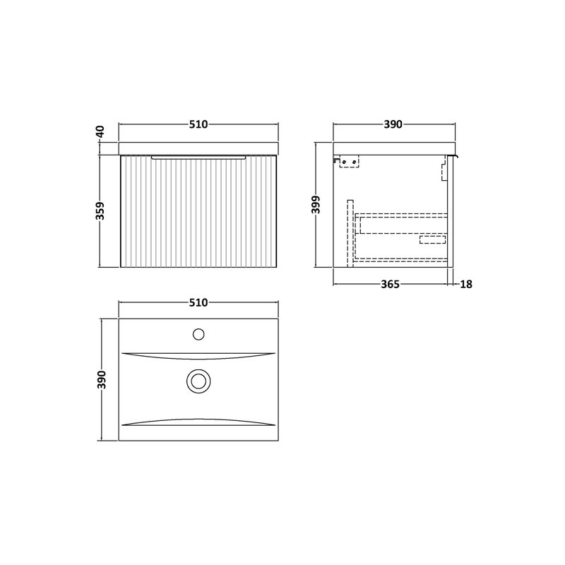 Fluted 510mm Single Bathroom Vanity with Drop In Vitreous China Basin, White