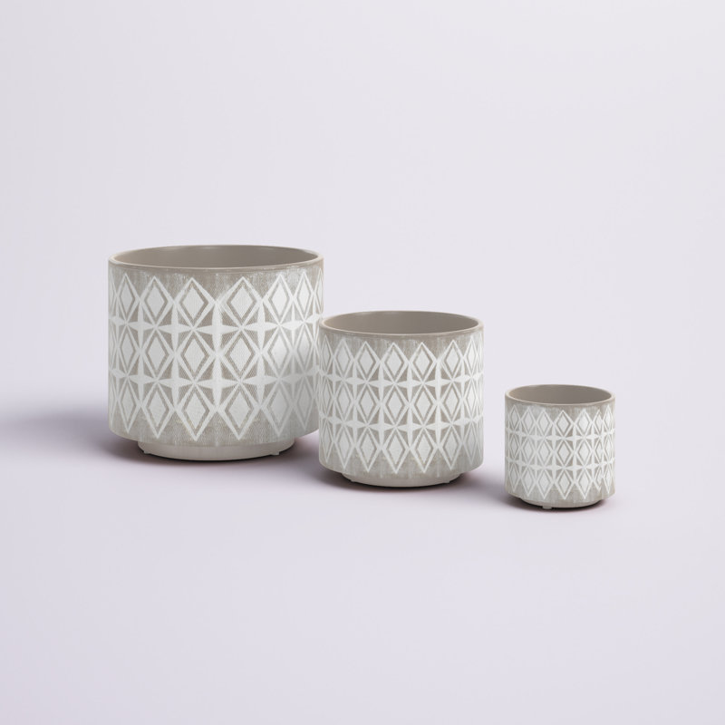 3‑Piece Round Stoneware Planters with Geometric Patterns