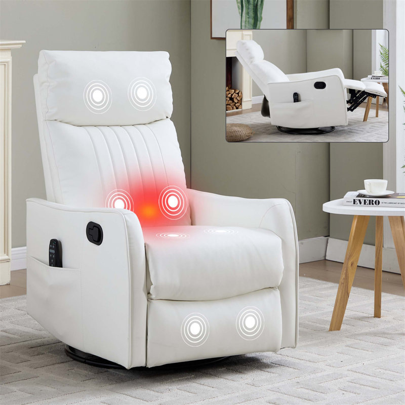 White Heat Massage Manual Recliner Chair with Rocker and Swivel in Faux Leather for Living Room, White