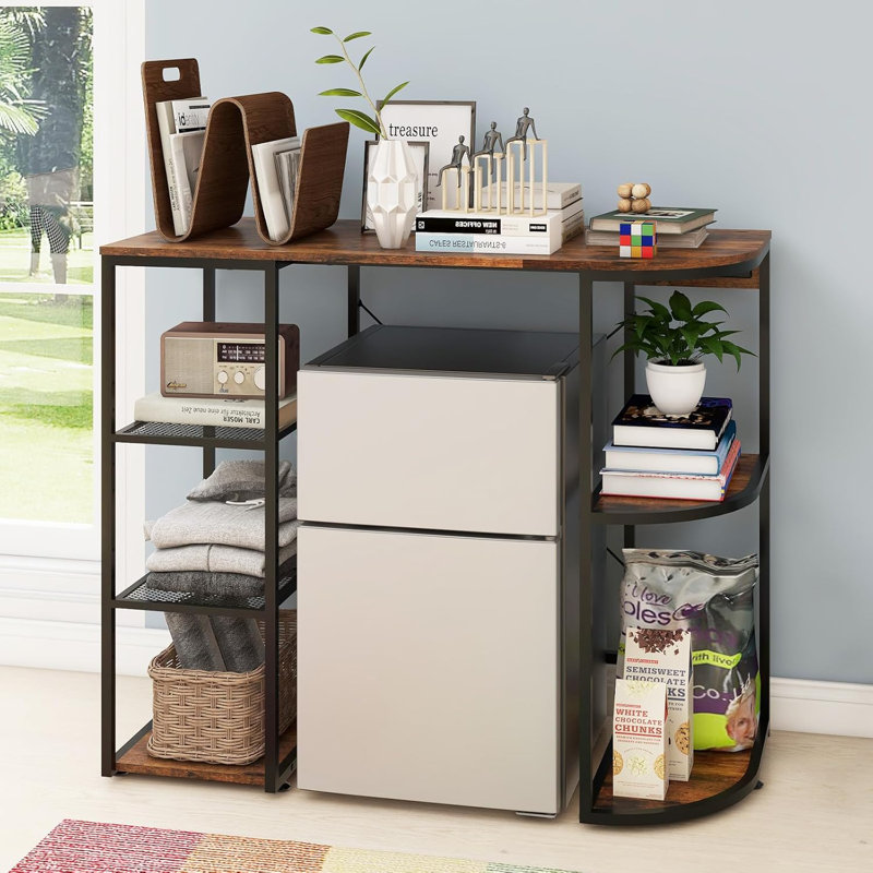 Mini Fridge Cabinet,Refrigerator shelves with Power Outlet, Brown