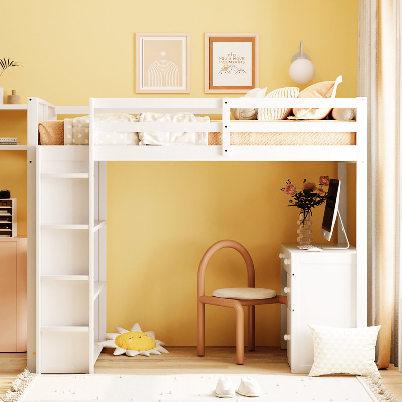 Lit mezzanine simple avec tablettes et bureau - blanc, bois massif fabriqué pour un confort à long terme permettant d'économiser de l'espace - blanc et durabilité inégalée
