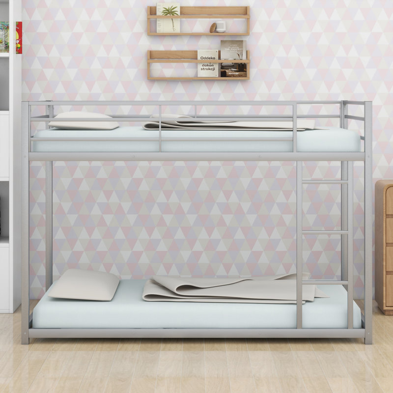 Metal Low Bunk Bed With Ladder, Silver