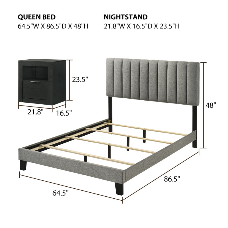 3-Pieces Bedroom Sets, Upholstered Bed Frame And Two Nightstands (Set Of 3), Queen, Black