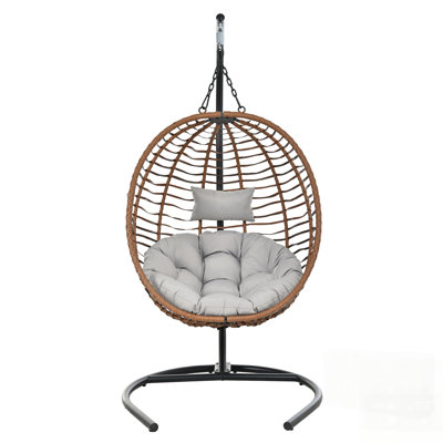Single Person Folding Egg Chair With Stand, Ideal For Indoor And Outdoor Relaxation, Featuring Adjustable Anti-Slip Feet