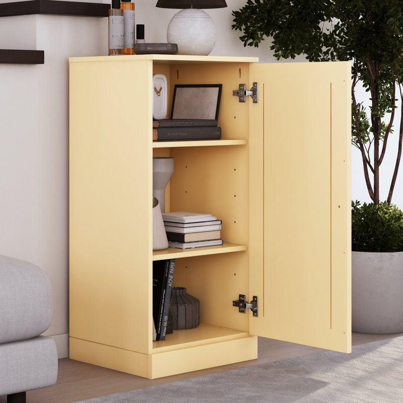 Bibliothèque 100% bois massif à 3 tablettes avec porte pleine et tablettes réglables, Jaune