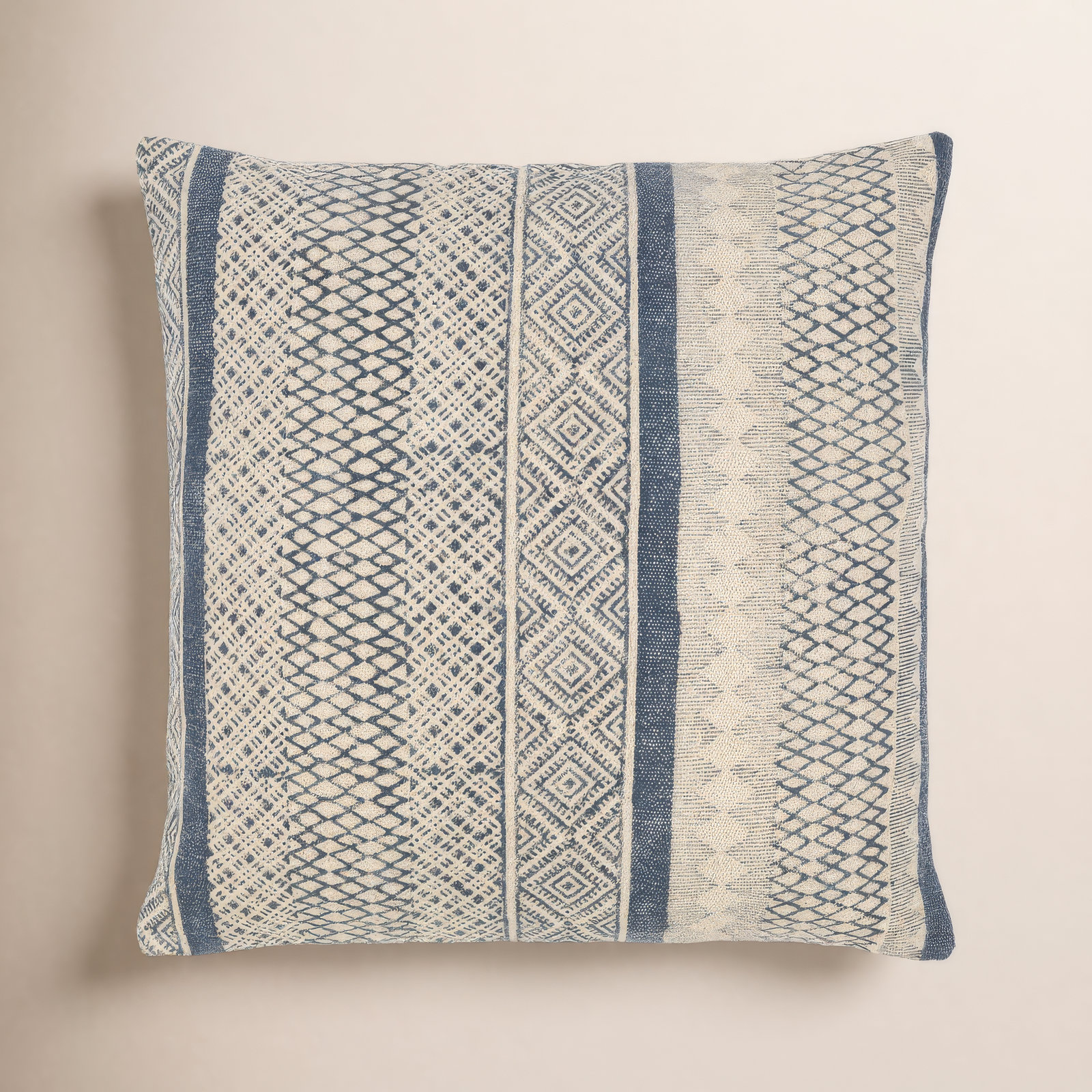 Zetta Geometric Cotton Throw Pillow, Polyester/Polyfill, Light Beige/Dark Blue, 20" x 20"