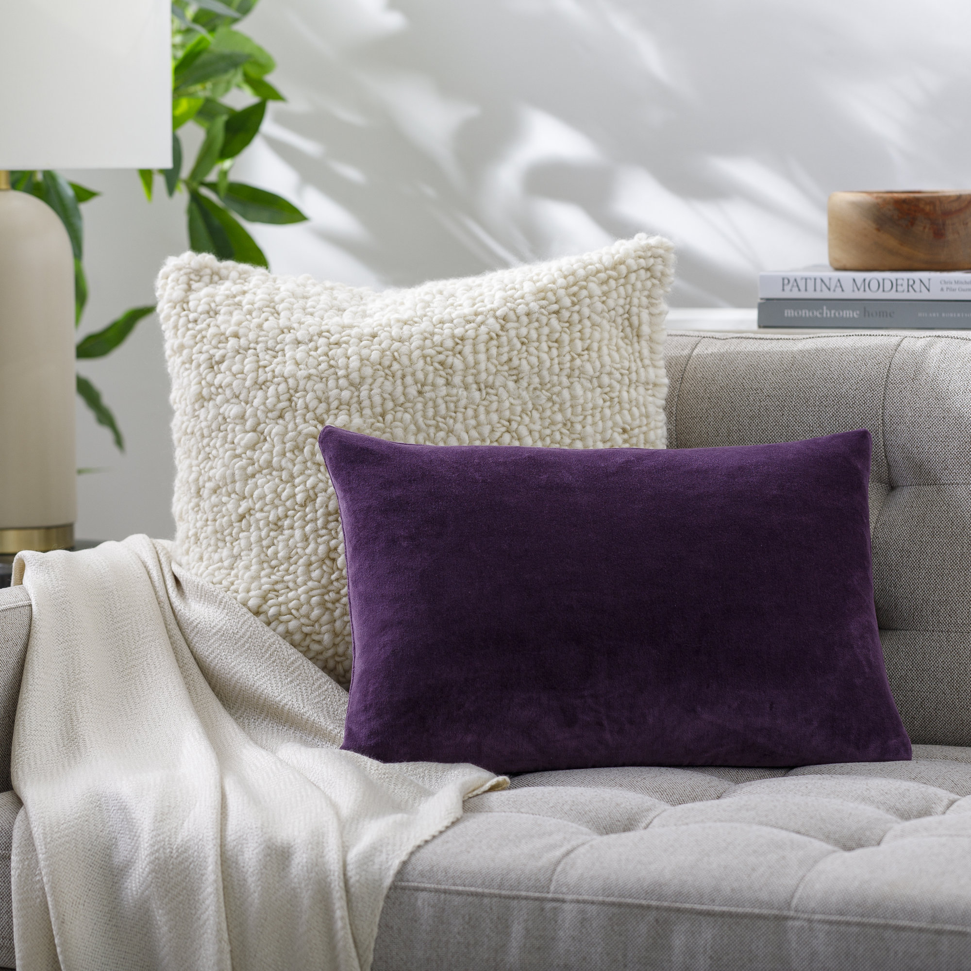 Cotton Lumbar Throw Pillow, Purple, 13" x 20", Down