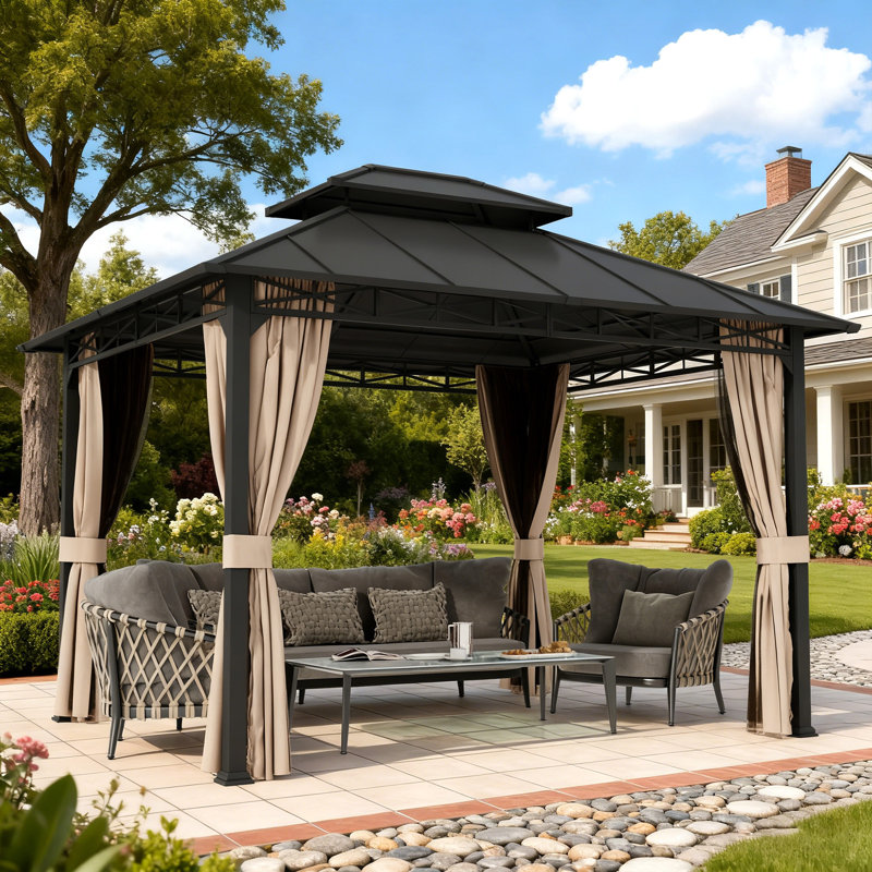 10 x 12Ft Outdoor Patio Gazebo With Double-layer Roof, Hardtop Gazebo With Powder-Coated Metal Frame, Mosquito Netting, Privacy Curtains and Ceiling Hooks for Garden, Patio, Backyard