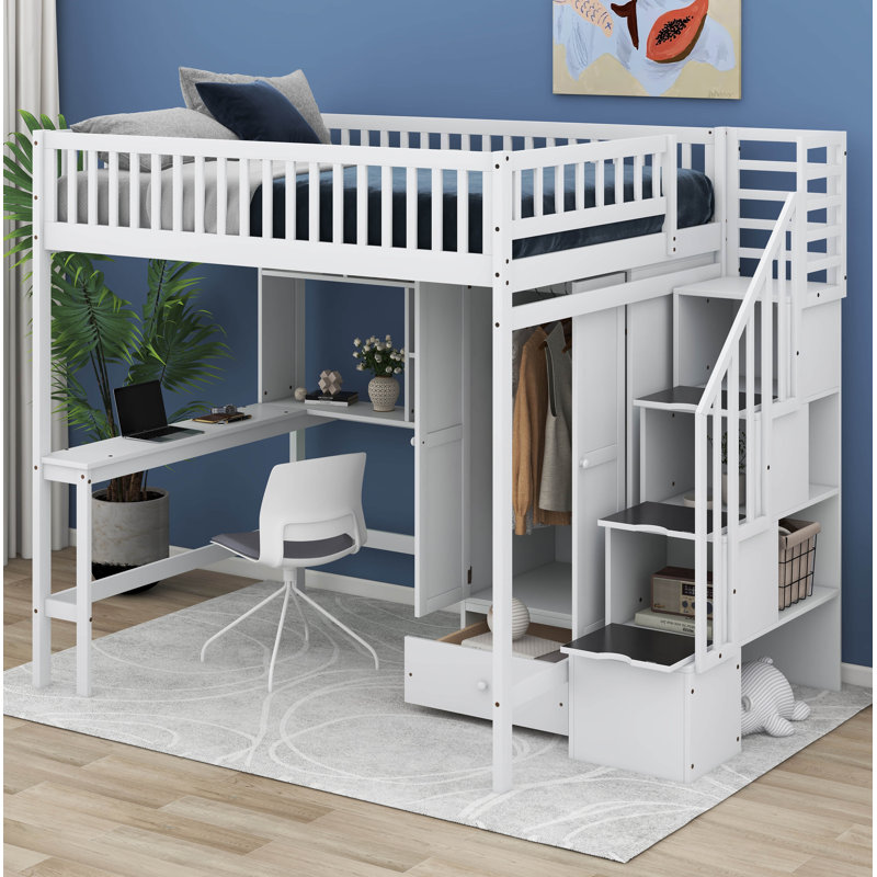 Jamner Kids Twin Loft Bed with Drawers, White, Full