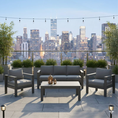 All-Weather 4-Piece Modern Metal Patio Furniture Set,  5-Seat Conversation Sofa With Thick Cushions & Coffee Table