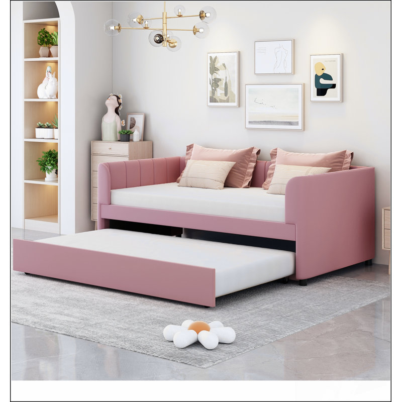 Lit de jour rembourré avec dossier ergonomique et lit gigogne pour une vie confortable et peu encombrante, Rose