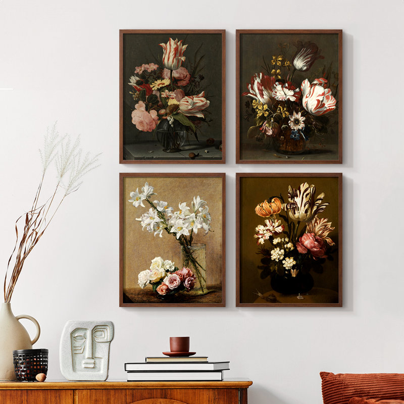 «Vintage Floral Print», reproduction encadrée CECLI - ensemble de 4, Cadre noyer, H 10 po x l 32 po