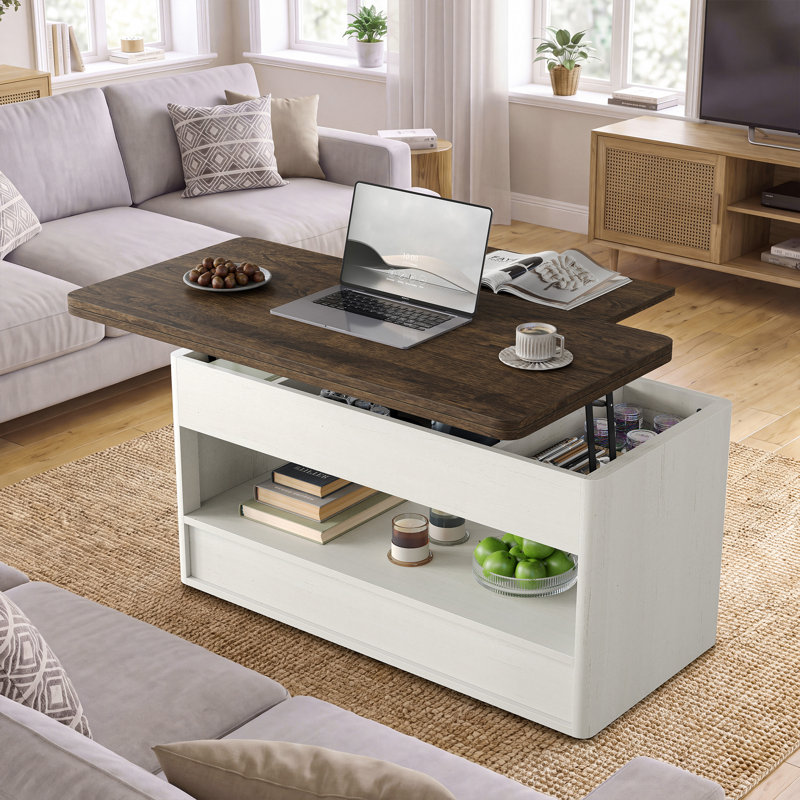 Table basse à plateau relevable moderne avec rangement, table basse rectangulaire convertible 4 en 1 avec 2 tiroirs et tablette ouverte pour le salon
