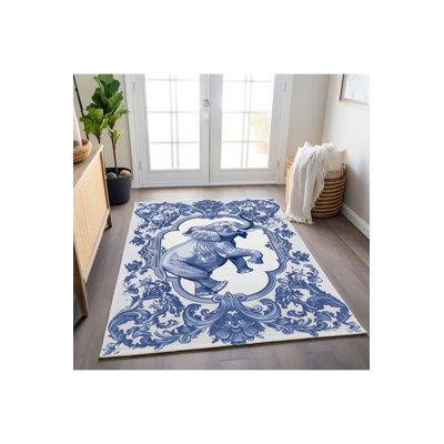 Tapis décoratif lavable à la machine moderne à motif éléphant bleu Paris
